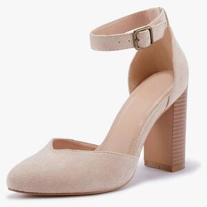 Nude heals with wood look block heel